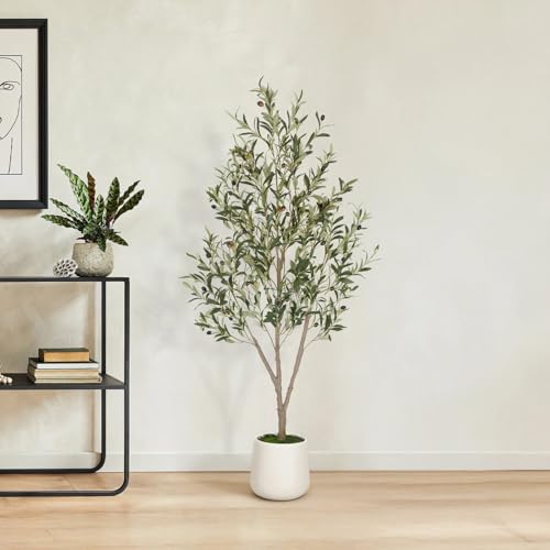 5FT Artificial Olive Tree Indoor Tall Faux Olive Trees with White Planter Natural Wood Trunk and Lifelike Fruits Potted Realistic for Home Office Living Room Decor - size: 5ft
