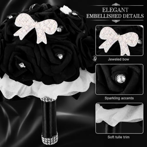 MAGICLULU Elegant Black Bridal Wedding Bouquet with Chic Artificial Foam Flowers, Artificial Holding Flowers for Brides and Bridesmaids, Ideal for Weddings, Parties, 9.44X6.29X6.29in