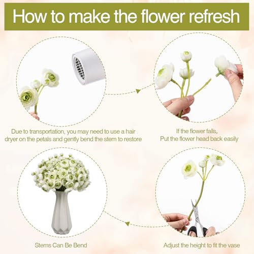Giegxin 48 Pcs Ranunculus Artificial Flower,Real To Lifelike Peonies Artificial Flower Silk Faux DIY Bouquet for Wedding Bridal Shower Valentine Centerpieces Arrangements Home Decorations(White,Green) - color: White,green