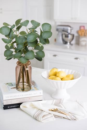 Briful Artificial Eucalyptus Stems in Teal Glass Vase with Faux Water, 14" Fake Plant Eucalyptus Leaves for Home Farmhouse Wedding Centerpiece Bathroom Décor - color: Teal