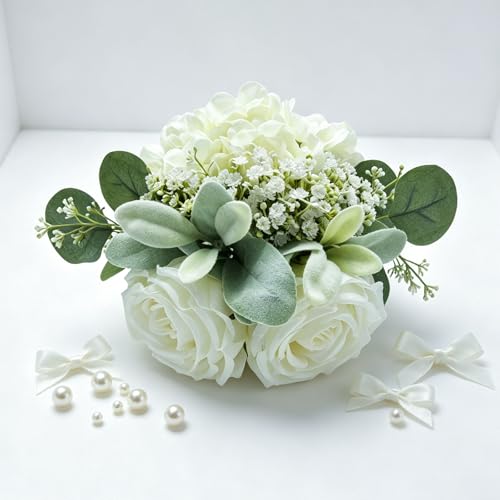 Artificial Bridesmaid Bouquets Set of 8 - Ivory White 9 Inch Various Flower Bouquet for Wedding Party Ceremony Anniversary Dinning Table Centerpieces Decor Faux (Rose & Hydrangea & Ribbon) - color: Rose & Hydrangea