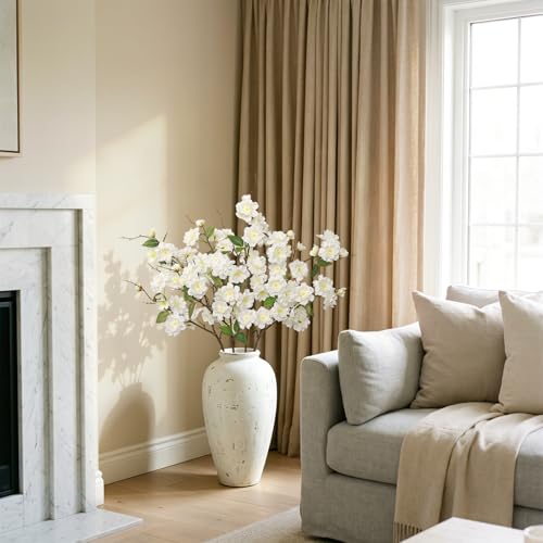 KHOYIME Artificial Cherry Blossom Branches 4PCS White Fake Silk Flowers Faux Long Stems Realistic Cherry Peach Floral Plants Spring Decor for Vase Table Centerpiece Indoor Home Office Wedding Party - color: White
