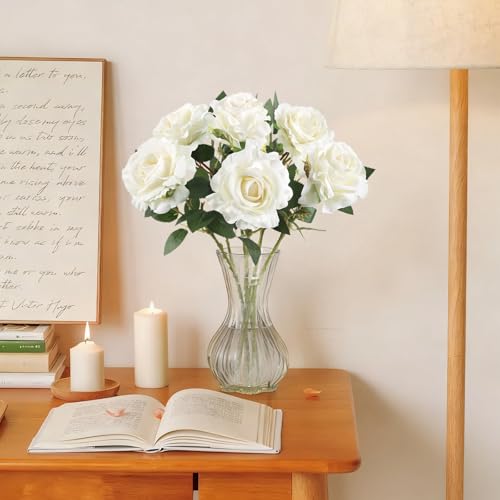Velvet Rose Artificial Flowers 6Pcs Realistic Fake White Roses Long Stem Faux Flowers for Wedding Bridal Bouquet Home Party Garden Outdoor Decoration(White) - color: White