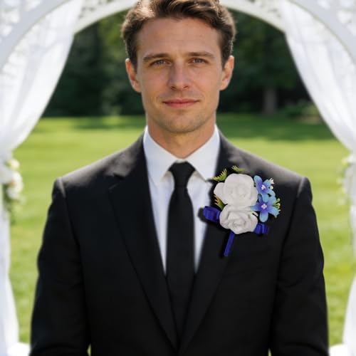6Pcs White and Blue Faux Silk Boutonnieres for Men Wedding Prom | Artificial Silk Flowers with Blue Ribbons for Groom Groomsman Wedding Homecoming Prom Anniversary Formal Party - color: Blue1# Boutonniere(6 Piece)