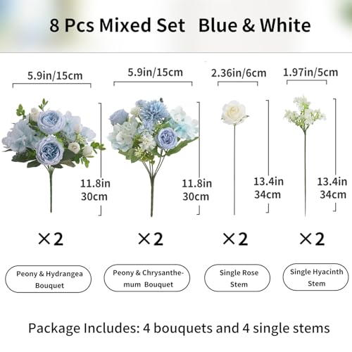 8 Pcs Mixed Artificial Peony Flowers Set-4 Bouquets & 4 Stems, Blue Fake Peony Rose Hydrangea Flowers for Vase Silk Floral Arrangements for Table Centerpiece Wedding Party Bridal Decoration Home Decor - color: Blue, size: Mixed 8pcs