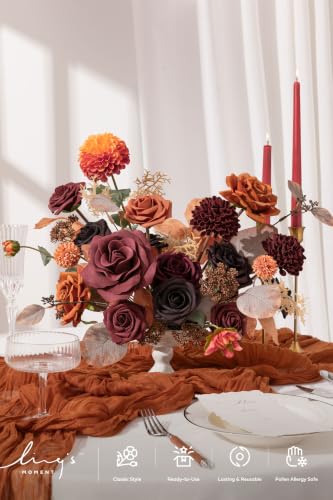 Ling's moment Artificial Wedding Flowers Combo, Fake Greenery Box for DIY Bouquets Centerpieces Decorations Foam Rose Dahlia Kit with Stems for Party Home Decor, Burgundy & Burnt Orange, Deluxe Combo - color: Burgundy & Burnt Orange, size: Deluxe