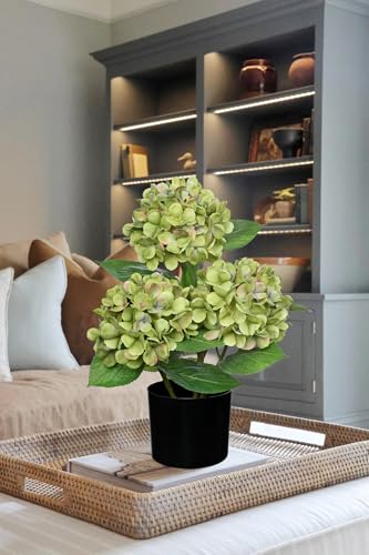 Hollyone Green Hydrangea Artificial Flowers Plant Potted 19.7" Faux Silk Hydrangea Flower Tree Arrangements for Home Bathroom Office Table Centerpiece Shelf Decorations - color: Green, size: 3 Head Hydrangea