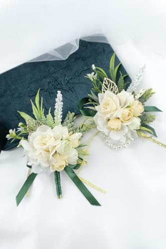 2 Pcs Wrist Corsage and Boutonniere Set, Champagne Corsage for Wedding, Boutonniere for Men Artificial Rose Flower Wristlet Bracelet Prom Ceremony Anniversary Accessories Decor Suit - color: Champagne