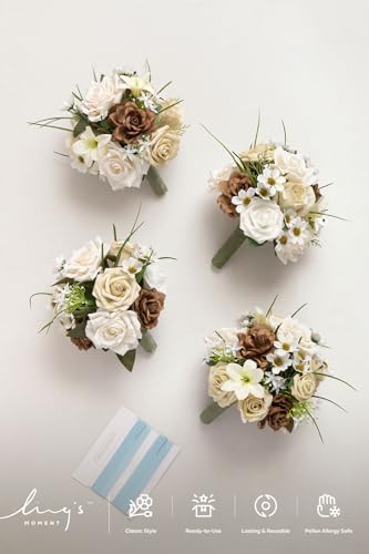 Ling's moment Artificial Bridesmaid Bouquets Set of 4,Beige Wedding Flower Bouquets Brown Floral Bouquet Bridal Bouquets with Ribbon Ceremony Anniversary,7-inch Diameter - color: Br-brown