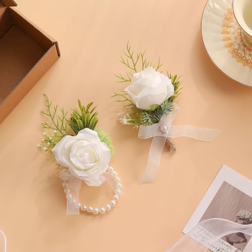 Garisey Artificial Flowers White Rose Wrist Flowers and Men's Corsage Wedding Flowers Ceremony Prom Flower (1 Boutonniere & 1 Wrist Corsage White) - color: 1 Boutonniere & 1 Wrist Corsage White