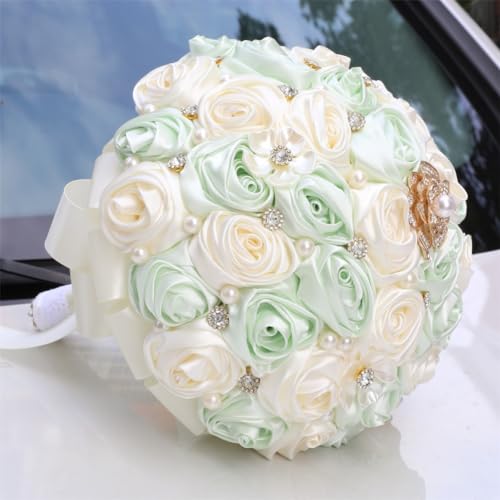 Bridal Wedding Bouquet with Rhinestone Brooch Pearl Bouquet for Bride Bridesmaid Quinceanera Rose Flower Bridal Bouquet Wedding Light Green and Ivory 8.7in - color: Light Green & Ivory, size: Large (DIA. 8.7"/22cm)