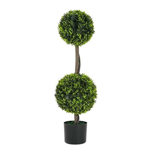 Christopher Knight Home Alene Set of 2 34''H Pre-Potted Artificial Tree Indoor, Artificial Topiary Boxwood Tree Double Ball with Pot, Faux Tree with Natural Wood Trunk with Black Plastic Pot, Green - color: Green/34''h