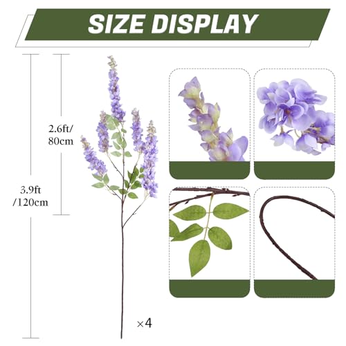 IPOPU 3.9FT Wisteria Artificial Flowers, 4PCS Purple Hanging Flowers, Silk Wisteria Flower with Long Stem for Tall Vase Filling Wedding Wall Backdrop Centerpieces Home Decoration (Purple) - color: Purple