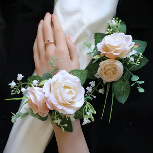 Elegant Corsage and Boutonniere Set, Artificial Rose Wrist Corsage with Pearl Bracelet & Men's Lapel Pin, Matching Faux Flowers for Prom, Homecoming, Wedding, Bride and Groom - color: Pink