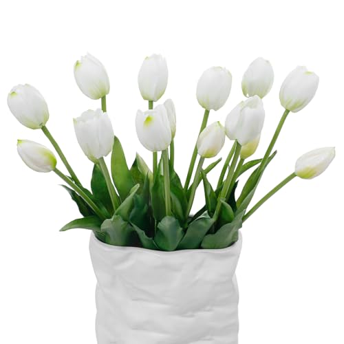 15 Pcs White Artificial Tulips Fake Flowers, Premium Latex Lifelike Texture, UV Resistant Waterproof Faux Tulip Bouquets with Snap-on Petals for Outdoor, Home, Wedding Decor - color: White