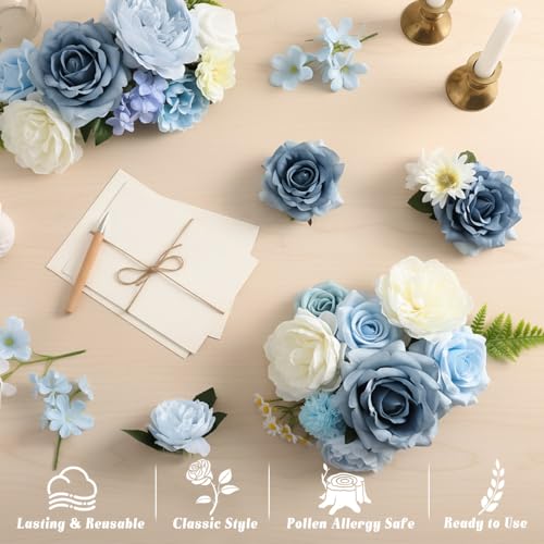 Blue Artificial Flowers Combo Box Set, Light Blue White Rose Fake Flowers Bulk, Mix Hydrangea Peonies Silk Flower for DIY Wedding Bouquets Bridal Shower Table Centerpieces Home Party Decor - color: Blue & White