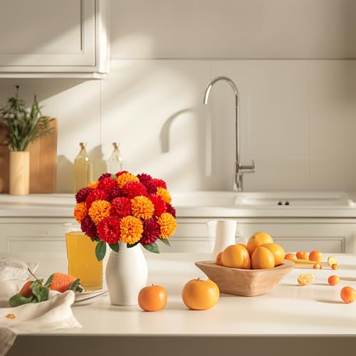 SITUMEIZI 12 Pcs Artificial Chrysanthemums Flowers Ball Flower Fake Mums Silk for Wedding Home Kitchen Decoration Floral Arrangement(Burgundy,Red,Orange) - color: Burgundy,red & Orange, size: 12 Pieces