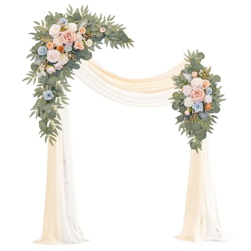 Muhanjia Artificial Wedding Arch Flowers Kit(Pack of 4),2Pcs Artificial Flower Arch Decor, 2Pcs Chiffon Fabric Drapes, Ceremony Decoration, Floral Outdoor Party Decor (Champagne & Blue) - color: Champagne & Blue