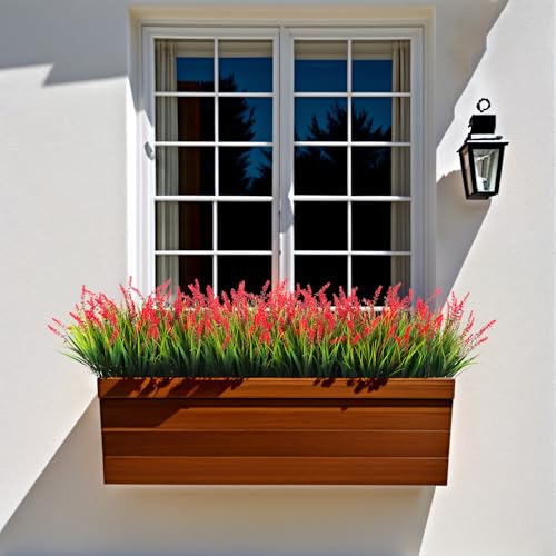 Artificial Faux Plants Flowers for Outdoor Decorations, Fake Monkey Grass for Outside Porch Patio, No Fade Realistic Greenery Plant, UV Resistant Artificial Bush Shrubs for Courtyard Window Garden - color: Red, size: 12 Pcs