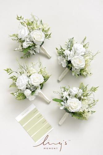 Ling's moment Artificial Flowers Lily of Valley White Bridesmaid Bouquet Set of 4, Green Wedding Flowers Bouquets for Bridesmaids, 7 Inch Bridal Bouquets for Bridesmaids, Wedding, etc - color: Wht-lily of the Valley White