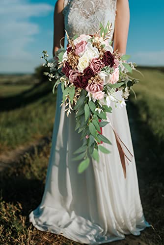 9 Inch Artificial Wedding Bouquets for Bride Bridal Bouquet Bridesmaid Bouquet Tossing Bouquet for Wedding Ceremony Anniversary Bridal Shower(Marsala & Blush) - color: Marsala & Blush