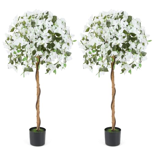 Goplus 53” Bougainvillea Artificial Tree, 2 Pack Faux Silk Flower Tree in Pot w/ 576 Flowers, 288 Leaves, Tall Fake Floor Plant, Artificial Plants for Indoor Outdoor Bedroom Living Room Decor, White - color: White, size: 2 Pack