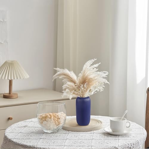 Ceramic Vase for Flowers – Modern Small Ribbed Textured Flower Vase for Home Decor, Pampas Grass, Decorative, Farmhouse, Coffee Table, Kitchen Centerpieces, Bookshelf and Home Living (Navy Blue) - color: Navy Blue