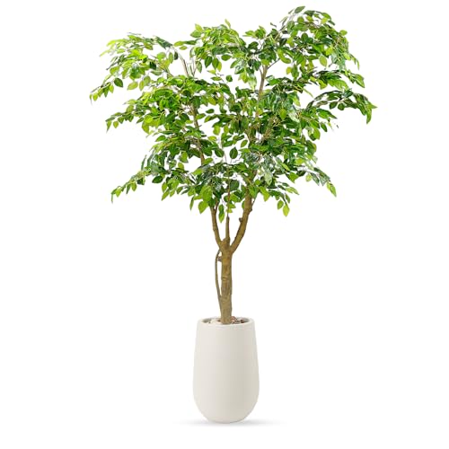 6.5FT Artificial Ficus Tree with White Planter and Pebbles,Faux Silk Tree with Lifelike Leaves and Realistic Trunk,Tall Fake Potted Plant for Home and Office Décor Indoor and Outdoor (6.5FT) - size: 6ft 6in