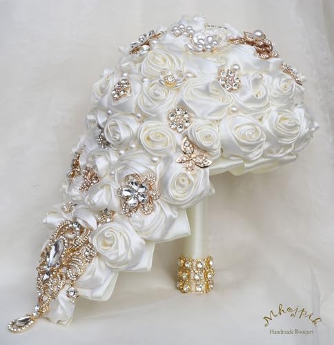 Luxury Cascade Bridal Wedding Bouquet Satin Rose Waterfall Holding Bouquet Artificial Flower Bunch for Bride Bridesmaid(Ivory, 15" x 7.5") - color: Ivory, size: 15"L x 7.5"W(38cm x 19cm)