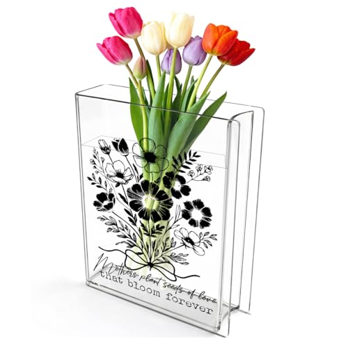 Moms Book Flower Vase Mothers Day Birthday Thank You Gifts for Mom Mother from Daughter Son Mothers Plant Seed of Love Bloom Forever Cute Acrylic Book Shaped Vase Decor for Home Office Table Vase 3805 - style: Colonial