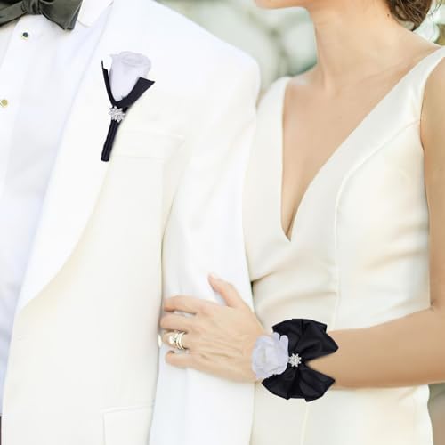 Weslymoo Black Corsage and Boutonniere Set, Prom Artificial Flower Wrist Corsage Bracelets, Homecoming Corsage Wristlet, Boutonniere for Men Wedding Flowers Accessories Prom Suit Decorations