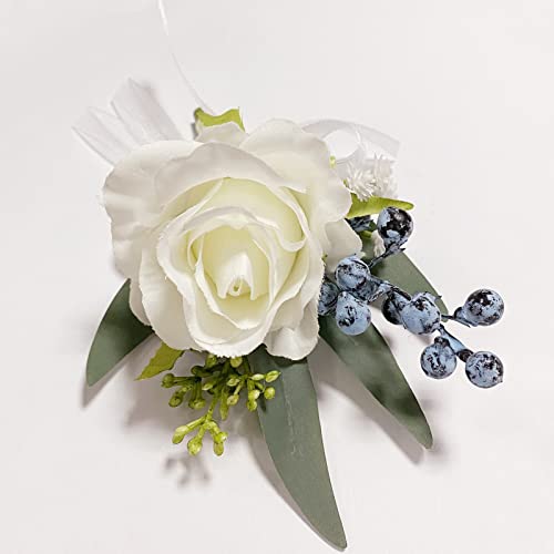 Corsage and Boutonniere Set, Handmade Artificial Peony Rose Wrist Corsage Wristlet and Groom Boutonniere for Men Wedding Prom Suit Decorations (White Rose Blue Berry) - color: White Rose Blue Berry