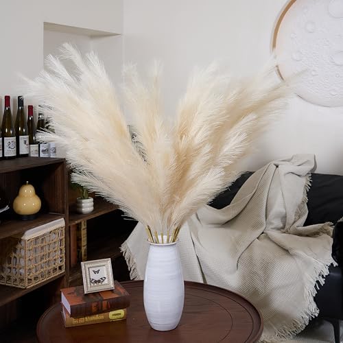 Premium Faux Beige Pampas Grass Decor – Cream Pampa 43.3″ 8pcsTall Fluffy Feather Flowers, No Assembly 18-Branch One-Piece Stems for Floor Vase, Boho Wedding & Neutral Home Decor (8pcs 110cm) - color: Faux Beige, size: 8pcs 43.3"(110cm)