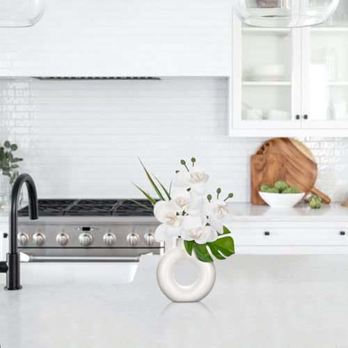 Briful Fake Orchid Flowers with Ceramic Vase 2PCS White Orchid Silk Flowers Arrangement Artificial Orchid Plants for Home Office Party Wedding Dining Room Table Centerpiece Decor - color: White#1
