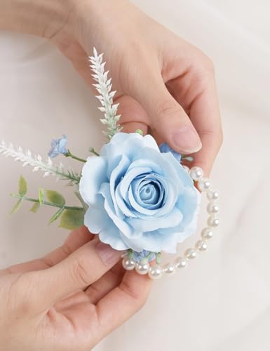Alizeal 2Pcs of Wrist Corsage and Boutonniere Set, Artificial Flowers Accessories Suit Decor for Wedding Prom Party Homecoming Ceremony, Blue - color: 701-blue
