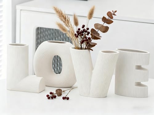 White Ceramic Vases Set of 4 Home Decor Modern Farmhouse Style Living Room Ornaments Dining Table Room Love Shaped Pottery for Dried Flowers - color: Vt7 White