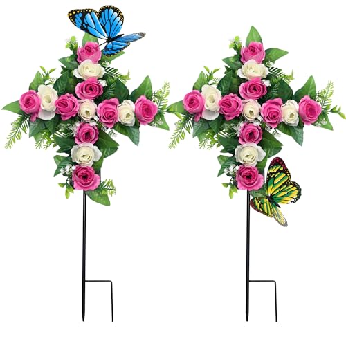 Artificial Cemetery Flowers,Set of 2 Faux Floral Cross,Artificial Rose Bouquet Decoration for Cemetery Headstones Gravesites,Silk Flowers for Long-Lasting Remembrance (Pink) - color: Pink