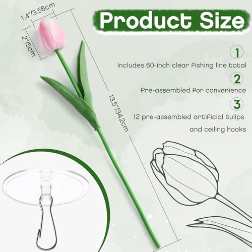 12 Pack Light Pink 5 ft Artificial Tulips Hanging Flower Garland Decorations Spring Summer Dangling Faux Tulip Floral Vine Strings with Hooks for Wall Ceiling Wedding Tea Party - color: Light Pink