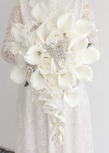 Ansuma White Calla Lily and Rose Cascading Bride Bouquet Waterfall Wedding Flower - Lily Rhinestone Jewelry Brooches and Satin Ribbon Décor (White) - color: White