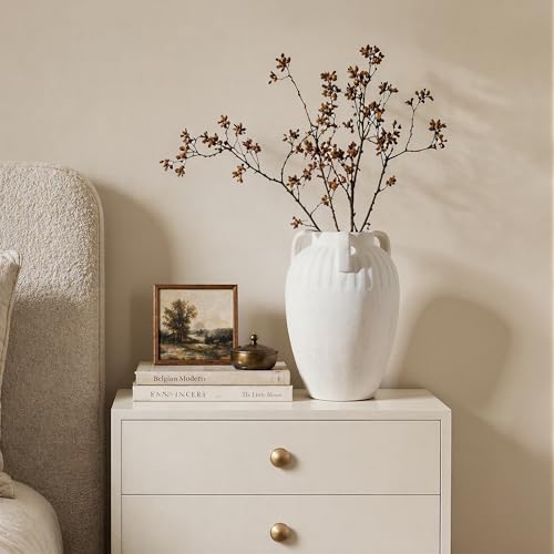 Ceramic Flower Vase with Handles, 8.86 inch Tall Ceramic Vase Home Decor Vintage Terracotta Rustic Vase for Bouquet Pottery Barn Decor Large Vases for Living Room Bathroom Modern Farmhouse, White - color: 8.86 in - White
