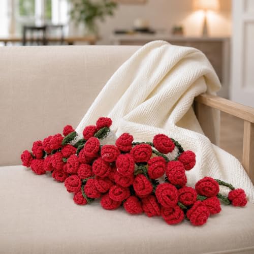 Crochet Flower Bouquet Throw Blanket, Cute Romantic Gift for Her Girlfriend Mom Mother’s Day Valentine Wedding Anniversary Birthday (Red, 60 inches) - color: Red, size: 60 inches