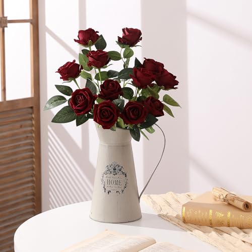 Hawesome 12PCS Artificial Flowers Fake Roses, Realistic Velvet Long Stem Red Roses Bouquet for Wedding Centerpiece Home Decor Party & Valentines (Wine) - color: Wine