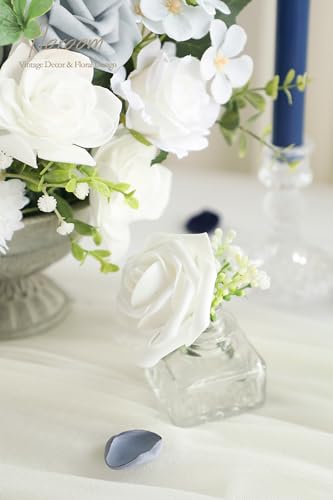 Floroom Powder Blue Ivory Artificial Flowers Fake Roses Dahlias and Greenery Combo Box Set for DIY Wedding Bouquets Bridal Shower Centerpieces Floral Arrangements Party Tables Home Decorations - color: Powder Blue