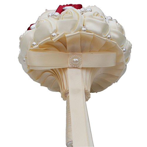 S_SSOY Customizable Romantic Wedding Bouquets Silk Flowers Bridal Holding Roses Bride Bridesmaid Bouquet with Pearl Crystal Ribbon Valentine's Day (Ivory+Wine Red) - color: Ivory+wine Red