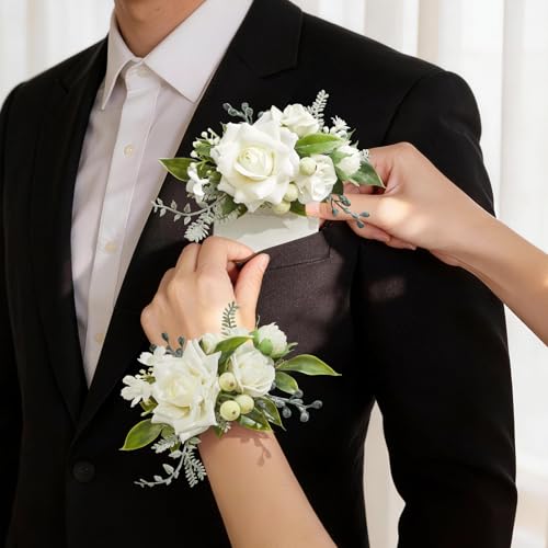 Serwalin 2Pcs Corsage and Boutonniere Set,White Rose Corsage Wristlet and Pocket Boutonniere for Prom Wedding Homecoming Anniversary Graduation - color: Athens White