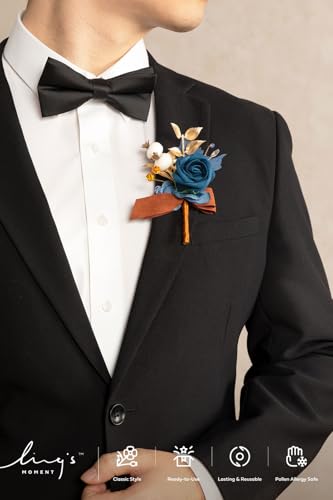 Ling's moment Boutonniere for Men, 6pcs Groom Groomsmen Boutonniere, Artificial Flowers for Wedding Decor/Prom/Homecoming, etc.Burnt Orange Navy Blue - color: Blu-burnt Orange & Navy Blue