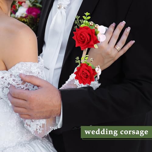 Sherr 20 Pcs Red Rose Wrist Corsage and Boutonnier Set Wedding Flower Corsage Wristlet Band Bracelet Bridegroom Men's Boutonniere Wristlet Hand Flower for Wedding Bouquets Supplies - color: Bright Red