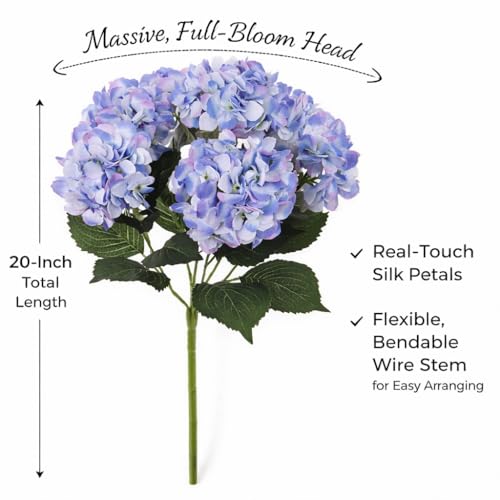 Larksilk Hydrangea Artificial Flowers - Faux Hydrangea Flowers - Home Decor, Easter Decorations, Spring Decor - Floral Centerpieces for Tables - 20" Floral Stems, Blue, 1 Piece - color: Blue, size: Pack of 1