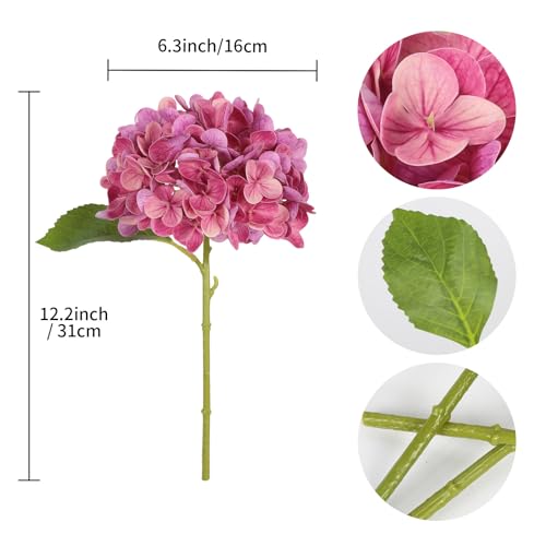 IPOPU 6PCS Real Touch Hydrangea Artificial Flowers Fuchsia Faux Hydrangeas with Short Stems Latex Realistic Fake Flowers for Home Decor Party Floral Arrangements Wedding Bouquet Centerpiece（Fuchsia - color: Rose Red