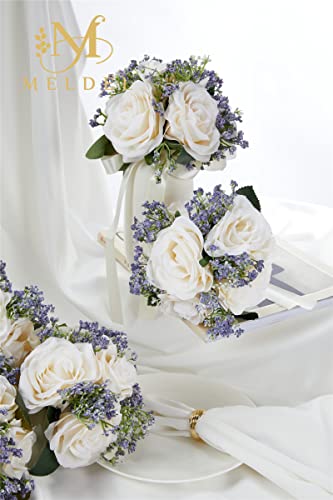 6.5 Inch Ivory Bridesmaid Bouquet, Set of 6, Purple Wedding Bouquets for Bridesmaids, Small White Bridesmaids Bouquets - color: 6pcs White&purple Bouquets